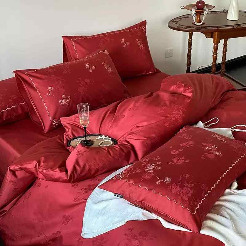 寝具 レディース 60支 綿100% ベッドシーツセット ジャガード織 大判 レッド 赤 無地 花柄 布団カバー ..