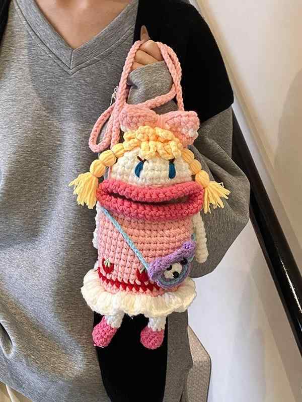かぎ針編みバッグ レディース かわいい カートゥーン キャラクター ドール モチーフ ウール 手編み 斜..