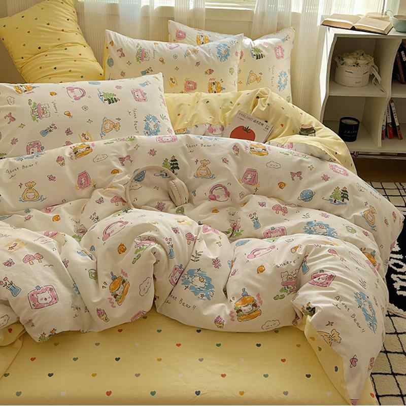 布団カバー ベッドシーツ 4点セット 綿100% 寝具セット 学生 寮 かわいい プリント柄 ベッドカバー