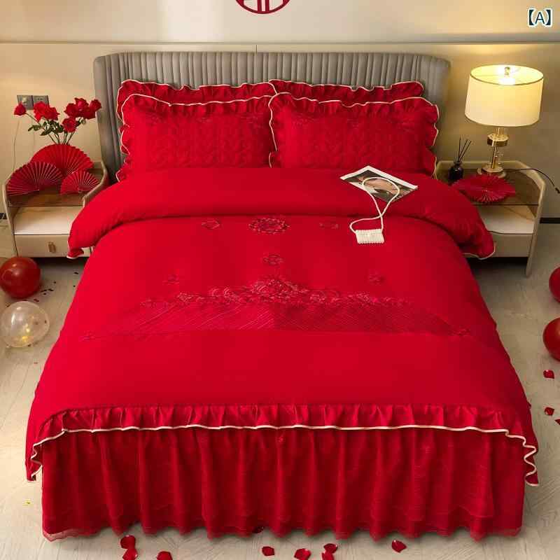 布団カバー ベッドスカート式 結婚式用寝具4点セット ブライダル寝具セット レッド 婚礼用布団カバー ..