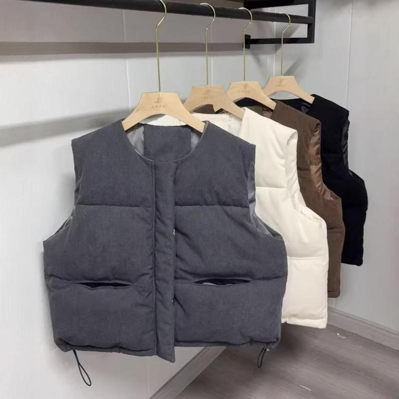 ベスト レディース 秋冬 コーデュロイ 中綿 ゆったり ショート丈 ラウンドネック カジュアル 通勤 婦人服 アウター チョッキ カフェ 灰色 アイボリー ブラック