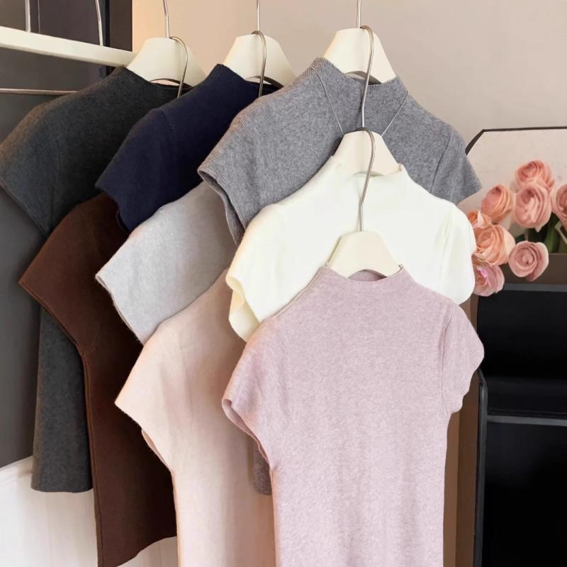 ニット レディース トップス デザイン袖 ハーフネック スリムフィット プルオーバー カットソー ポリエ..