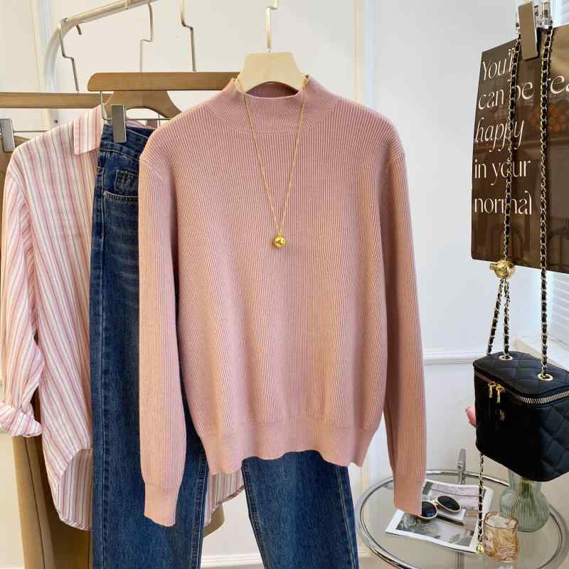 ニット レディース トップス 秋冬 中厚手 無地 長袖 ミドルネック カットソー あったか 暖か 伸縮性 チ..