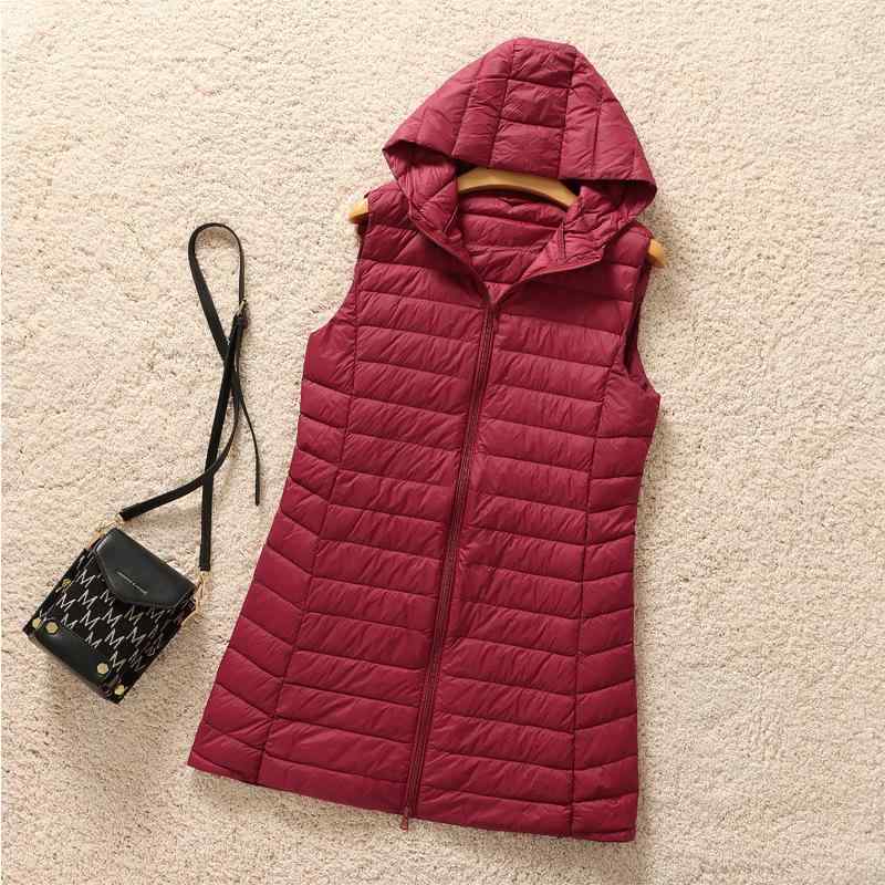 ダウンベスト レディース 薄手 フード付き 軽量 中綿ベスト アウター ミドル丈 スリムフィット ポリエ..