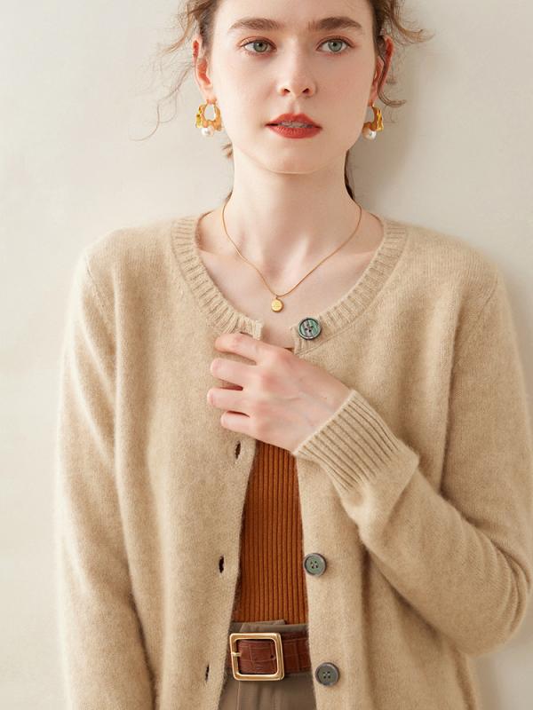 カーディガン レディース 100% カシミヤ 羊毛 厚手 ニット トップス ラウンドネック 長袖 無地 ゆった..