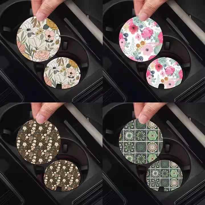 カー用品 カップコースター 花柄 油絵風 吸水 断熱 ポリエステル製 車載用 7cm 2枚セット
