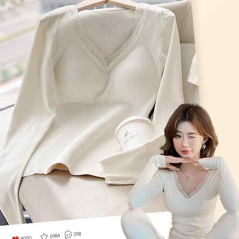 インナー レディース 秋冬 羊毛 カシミヤ 絹 シルク あったか 保温 長袖 Vネック カップ付き パッド付き トップス レギンス M L XL XXL..