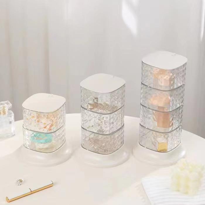 メイクアップ パフ 収納ケース 卓上 防塵 回転式 多層 コスメ 綿棒 美容グッズ 卵型 スポンジ 置き棚 ホワイト ピンク系