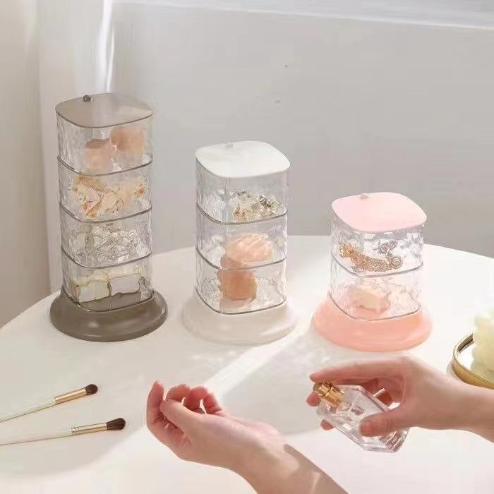 メイクボックス コスメ収納ケース 回転式 防塵 メイクパフ 美容グッズ ジュエリー収納 卓上 透明 ピンク系