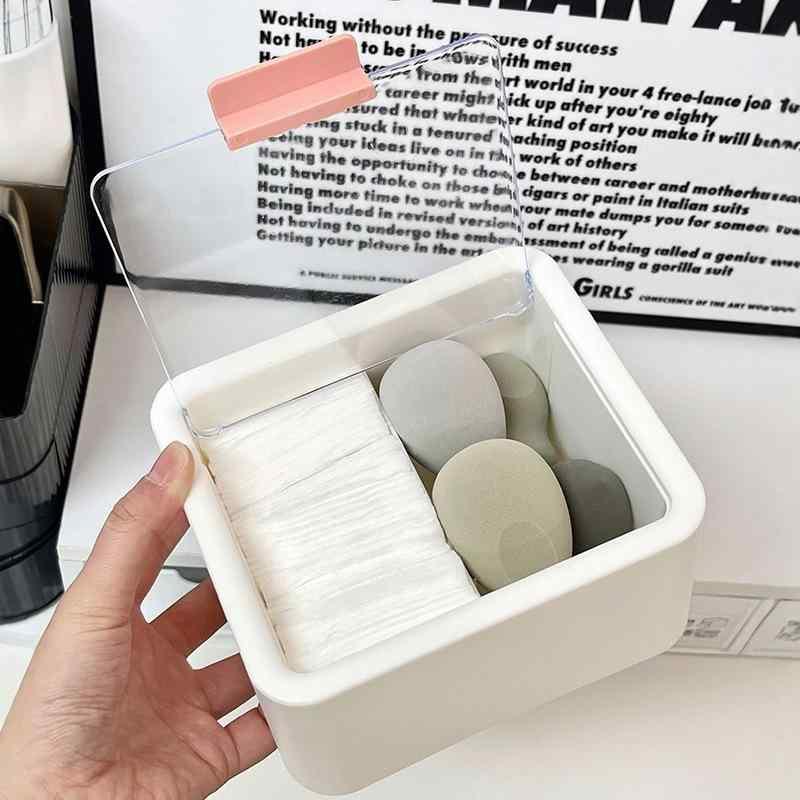 メイクボックス ふた付き 防塵 パフ パウダー コンパクト 綿棒 卓上 デスク 小物 収納ケース 白 ピンク系 ブルー