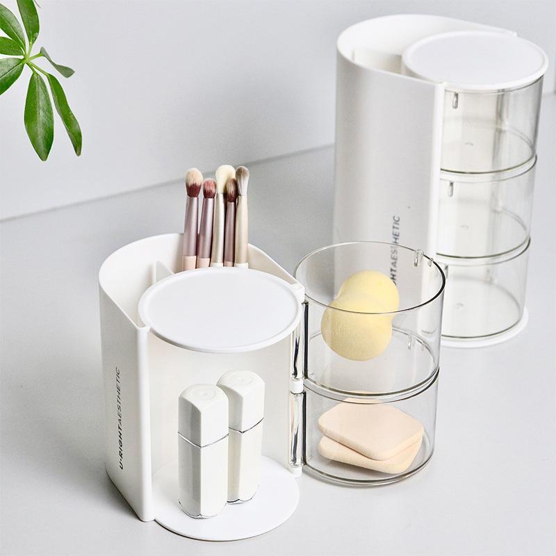 メイクボックス レディース メイクブラシ パフ 収納ケース 卓上 回転式 小型 化粧品入れ