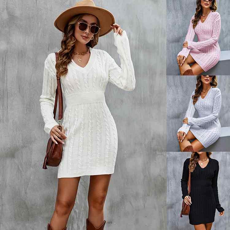 ワンピース レディース 秋冬 Vネック 長袖 ショート丈 タイト 伸縮性 高見え ポリエステル 無地 白 黒 セクシー ストリート(4)