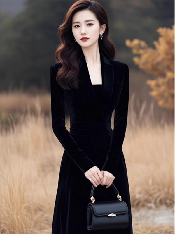 ワンピース レディース 秋冬 法式 黒 ベルベット 長袖 ミディアム丈 Aライン 高見え エレガント ウエストシェイプ パーティードレス