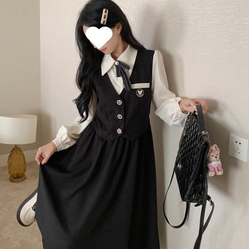ワンピース レディース 秋冬 長袖 学院風 切り替え 膝下丈 チュニック Aライン ハイネック 黒 街頭風 細見え