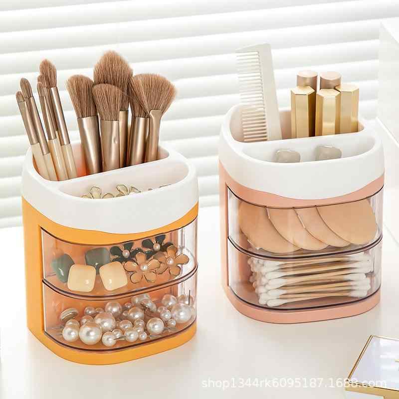 メイクボックス コスメ収納ボックス 卓上収納 かわいい 回転式 化粧品 文房具 小物入れ ピンク ブルー イエロー