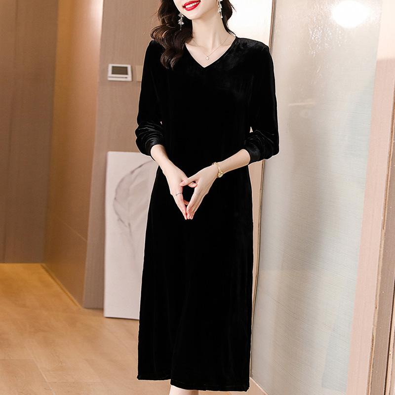 ワンピース レディース 桑蚕丝 シルク Aライン Vネック 長袖 ロング マキシ丈 ゆったり 大きいサイズ ブラック ピンク系 エレガント 知的 气质 通勤