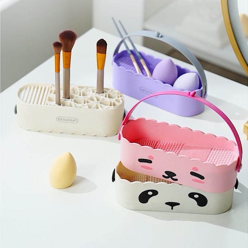 メイクブラシ 洗浄ケース パフ スポンジ 乾燥 一体型 収納ケース メイク道具 化粧品 美容グッズ 収納ボックス ピンク 紫 白