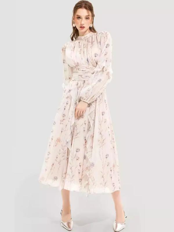 ワンピース レディース 長袖 シフォン プリント フリル ラウンドネック ロングドレス 杏ピンク 3D 妖精 フェアリー エレガント 通勤 パーティー