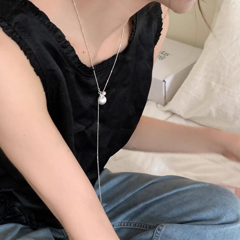 ネックレス レディース 韓国風 極細 ボールチェーン ラリエット風 アジャスター スライド式 シルバーカラー 電気メッキ加工 シンプル ペンダント 高見え デイリーユース