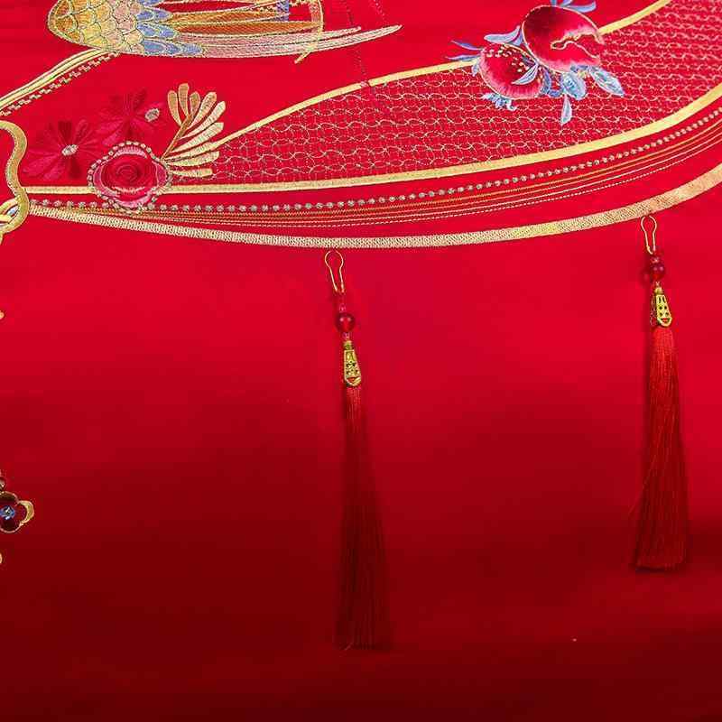 布団カバー 4点セット ダブル クイーンサイズ 綿100% 婚礼用 寝具セット 赤色 龍と鳳凰 刺繍 ベッドシ..