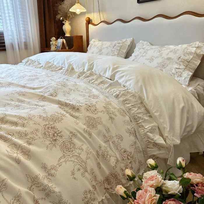 寝具 全棉 四点セット ベッドスカート式 レース 花柄 ベッドカバー 掛け布団カバー 枕カバー フリル付..