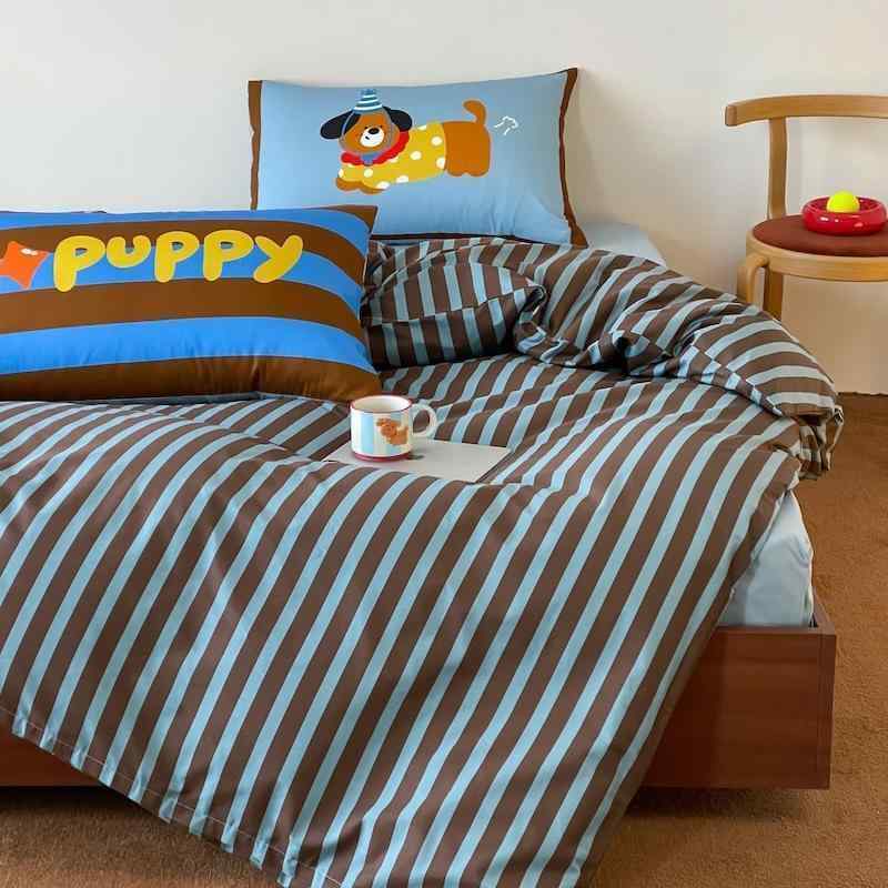 寝具 4点セット ストライプ柄 かわいい 犬柄 コットン ベッドシーツ 掛け布団カバー 寝具セット 綿100%..