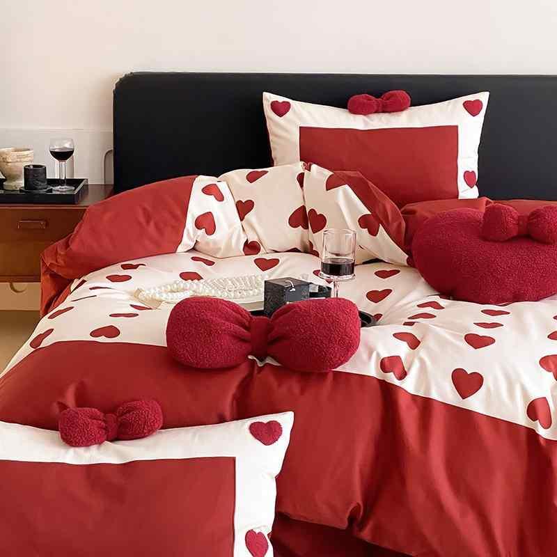 布団カバーセット 新中式 全綿 長繊維綿 ウェディング 寝具4点セット ベッドシーツ式 無地 幾何学模様 ..