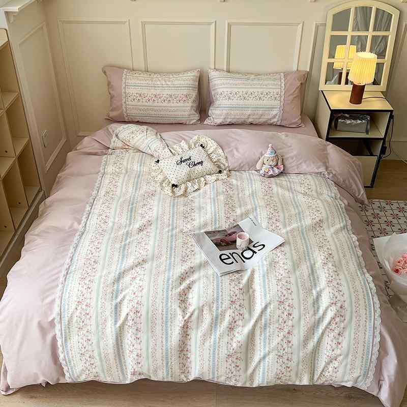 布団カバー & ベッドシーツセット レディース プリンセス風 全綿 レース付き 花柄 ストライプ 幾何学模様 かわいい ベッド用品 3点セット 4点セット