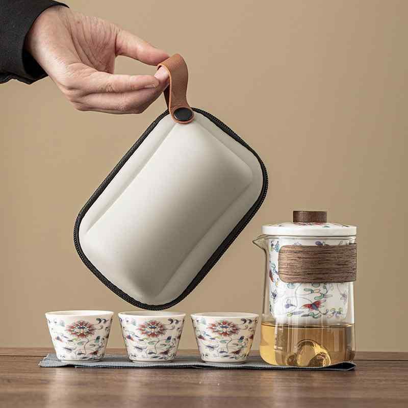茶器 レディース 旅行茶具 ティーセット 手提げ収納バッグ付き 紅茶 磁器 陶器 急須 湯呑み 3客 セット..