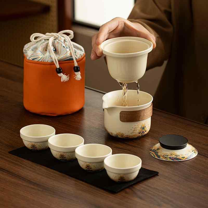 茶器セット 旅行用 ポータブル 陶瓷 ティーセット 急須 湯呑み 海水江崖柄 新中式