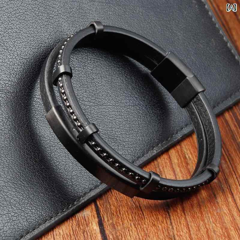 ブレスレット メンズ 男性用 レザー 牛革 本革 編み込み 多層 不锈钢 ステンレス 幾何学模様 黒 ブラック スタイル 21cm