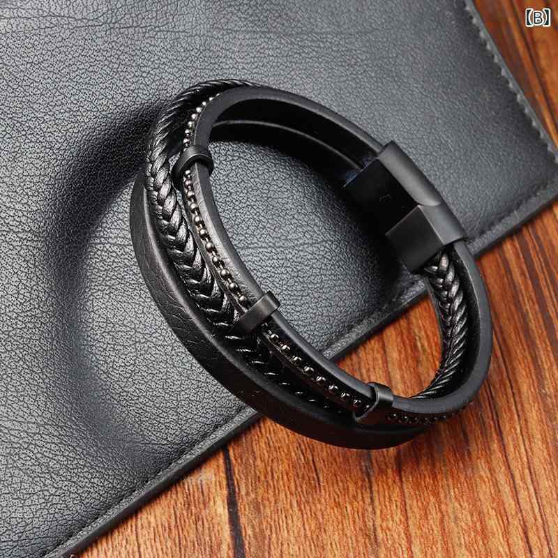 ブレスレット メンズ 男性用 レザー 牛革 本革 編み込み 多層 不锈钢 ステンレス 幾何学模様 黒 ブラック スタイル 21cm