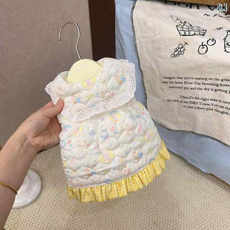 ペット服 猫 犬 秋冬 小熊 格子柄 コットン ベスト 裏起毛 花柄 レース 防寒 ブルー ピンク かわいい ..