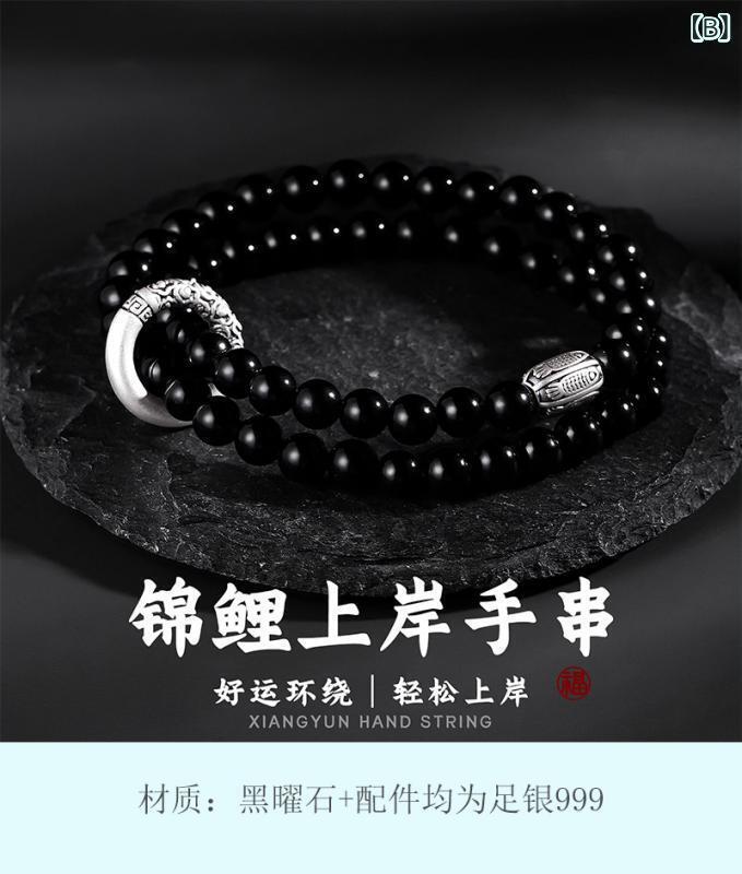 ブレスレット レディース 黒曜石 999シルバー 古風 錦鯉 平安守 虎眼石 貔貅 瑪瑙 アフリカ ヨーロッパ 文芸復古