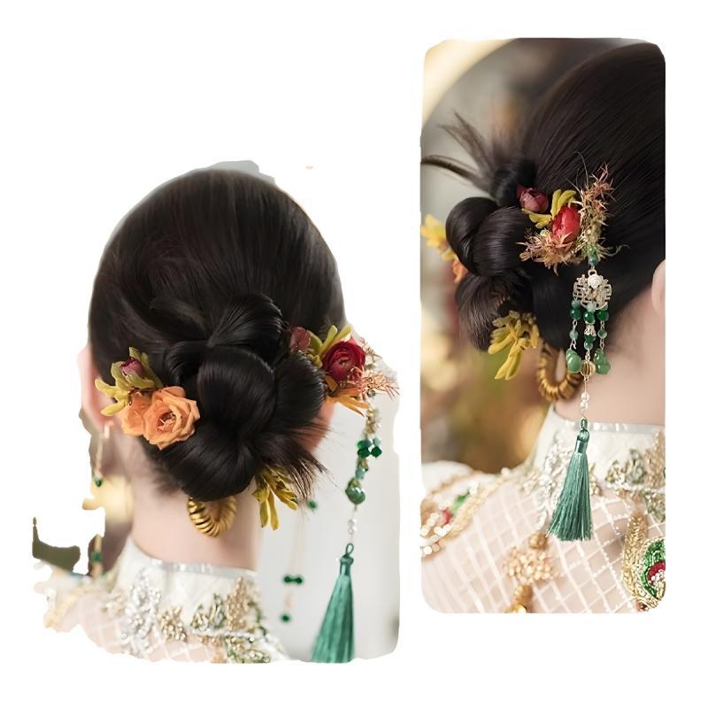 楽天トミーショップ 楽天市場店ヘアアクセサリー レディース 新中式 お団子ウィッグ 和風 髪飾り 花飾り シニヨン ブラウン ブラック アレンジ自在
