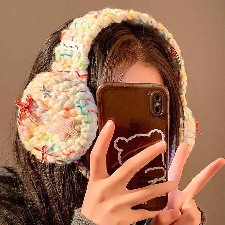 イヤーマフ レディース ニット 毛糸 秋冬 防寒 暖か かわいい ミトン型 カートゥーン アウトドア ベージュ カーキ