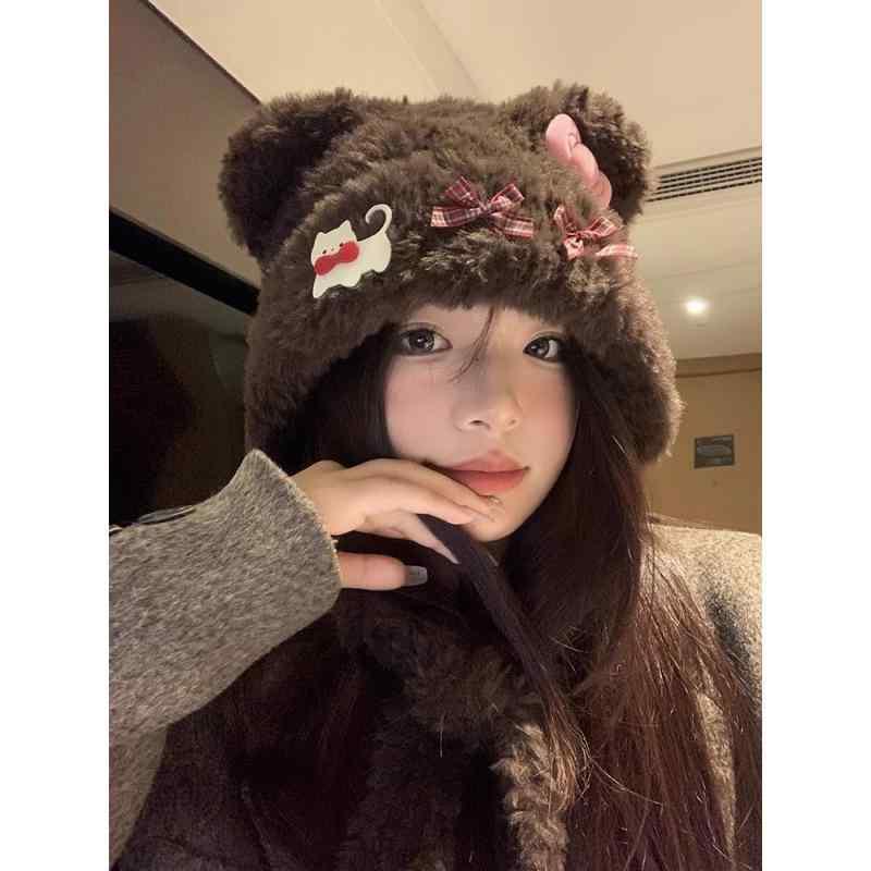 帽子 レディース 秋冬 小熊 猫耳 リボン付き あったか 防寒 耳当て付き かわいい 小顔効果 ベージュ系 ホワイト系 ブラウン系