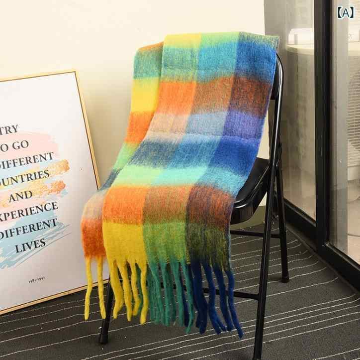 マフラー レディース メンズ 秋冬 海馬毛風 ショール 大判 ストール バイカラー チェック柄 フリンジ付き 保温性 膝掛け 防寒グッズ 緑 黒 コーヒー色