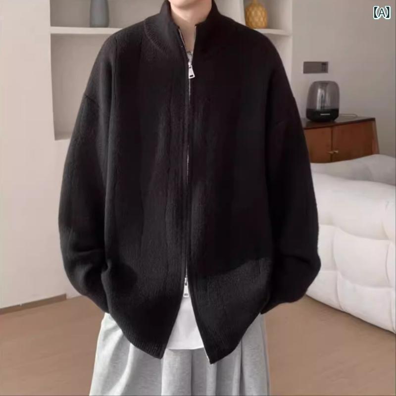 ニット カーディガン メンズ 秋物 無地 ニット アウター カジュアル リラックスフィット スタンドカラー ペア トップス 黒 グレー ポリエステル(4)