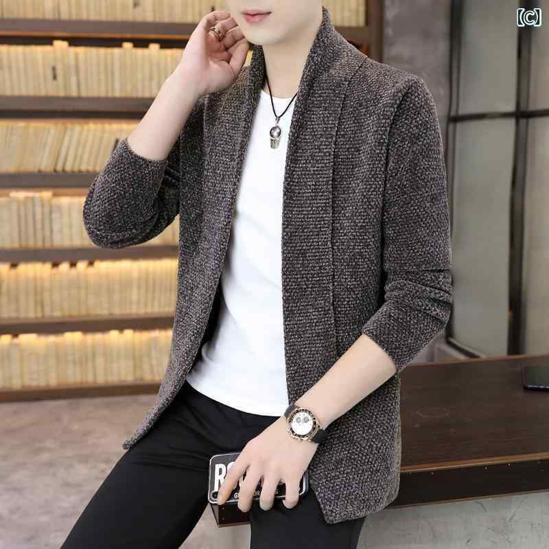 カーディガン メンズ ニット 秋冬 韓国風 スリムフィット 長袖 ニットカーディガン 紳士 アウター カジュアル ブラック グレー ブラウン ポリエステル
