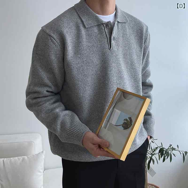 ニット メンズ ポロ襟 トップス 韓国風 無地 コットンブレンド リブ編み 長袖 プルオーバー セーター 普段使い 部屋着 秋 伸縮性