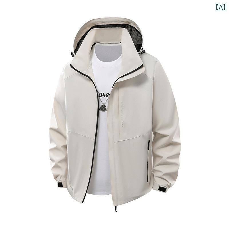 マウンテンパーカー メンズ 薄手 アウトドア 登山 ジャケット 取り外し可能フード付き 防水 防風 透湿性 春秋 スポーティー カジュアルスタイル アイボリー ホワイト ネイビー ブルー グレー オレンジ カーキ ブラック 7XL 8XL