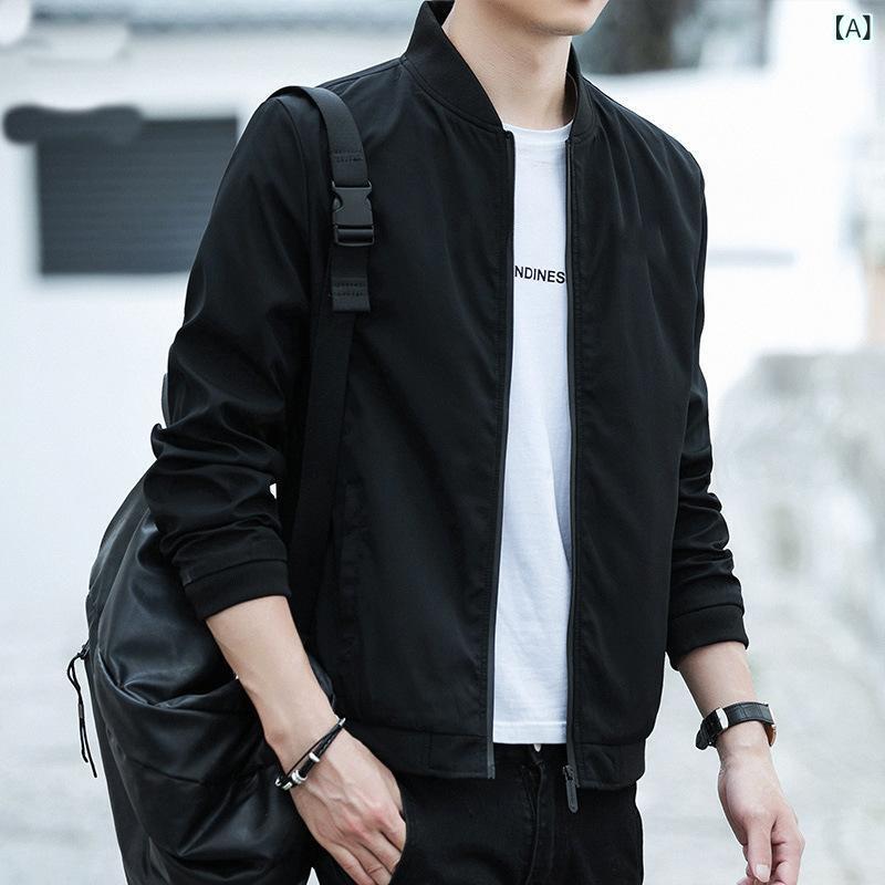 ジャケット メンズ 男性用 ブルゾン 春秋 薄手 カジュアル スタンドカラー 無地 ポリエステル ブラック グレー ブルー