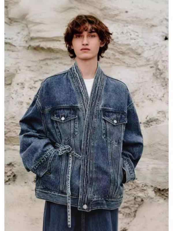 ジャケット 男性用 デニム 春秋 立襟 アシンメトリー ルーズフィット 耐摩耗