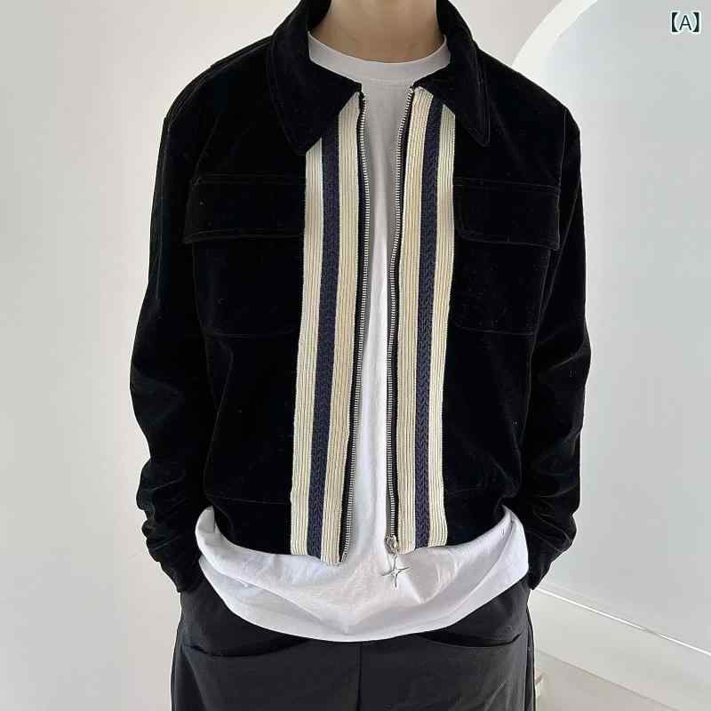 ジャケット メンズ ストリート系 秋冬 配色 切り替え ベルベット 襟付き ジップアップ ブルゾン アウター 黒