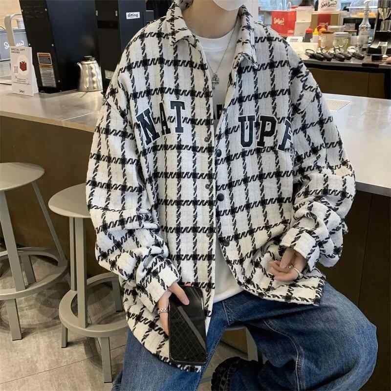 ジャケット メンズ 格子柄 シャツアウター アメリカンレトロ ストリート系 カジュアル ゆったり ワークウェア トップス 長袖 ポリエステル混紡 カーキ ホワイト ブルー