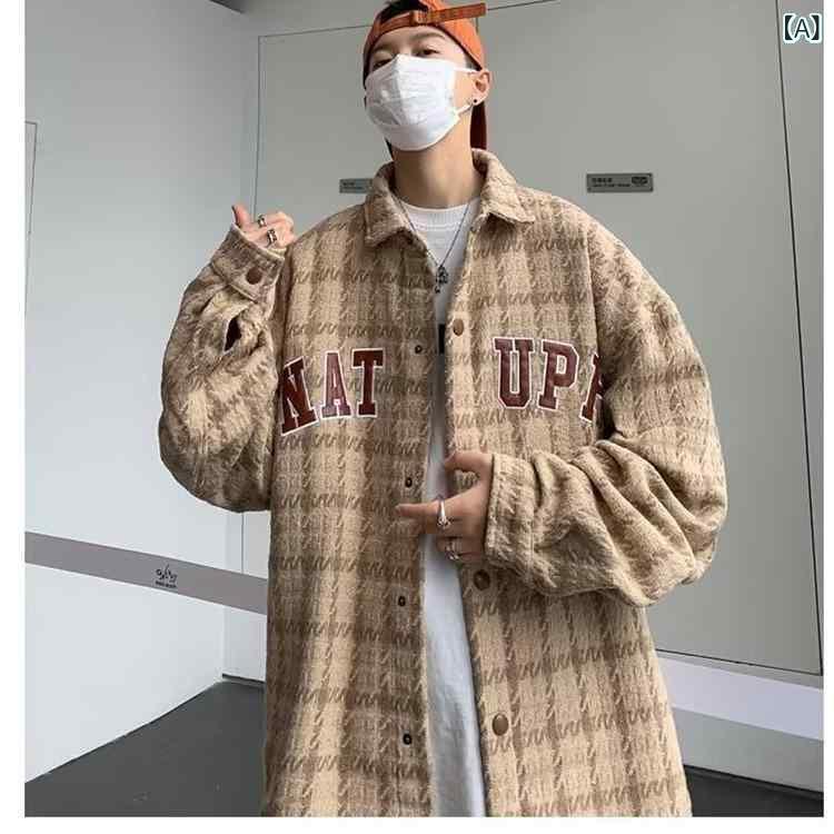 ジャケット メンズ 格子柄 シャツアウター アメリカンレトロ ストリート系 カジュアル ゆったり ワークウェア トップス 長袖 ポリエステル混紡 カーキ ホワイト ブルー