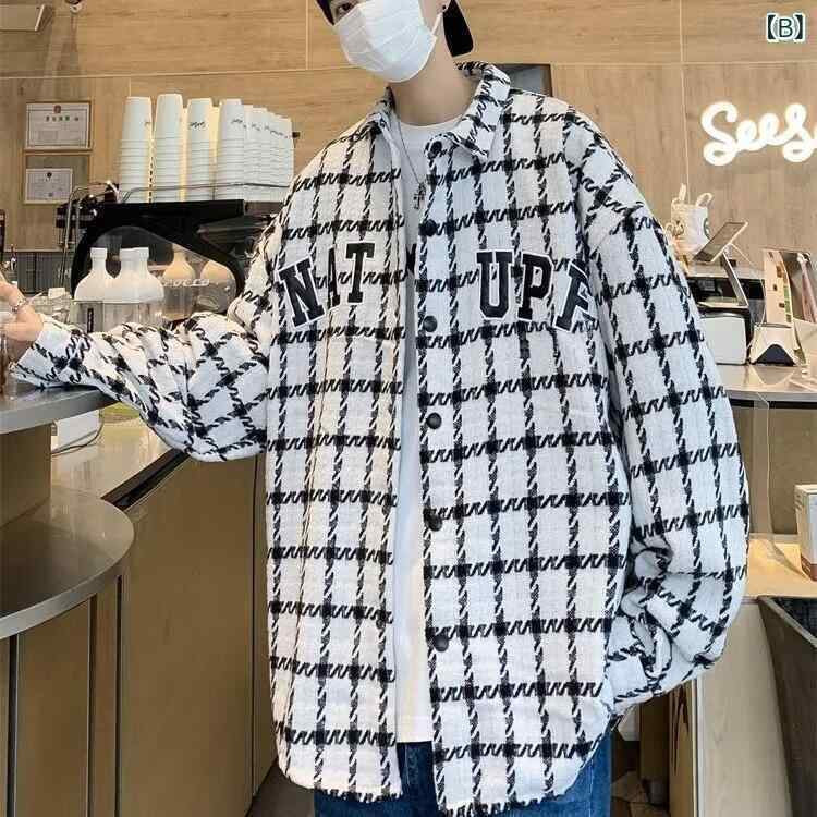 ジャケット メンズ 格子柄 シャツアウター アメリカンレトロ ストリート系 カジュアル ゆったり ワークウェア トップス 長袖 ポリエステル混紡 カーキ ホワイト ブルー