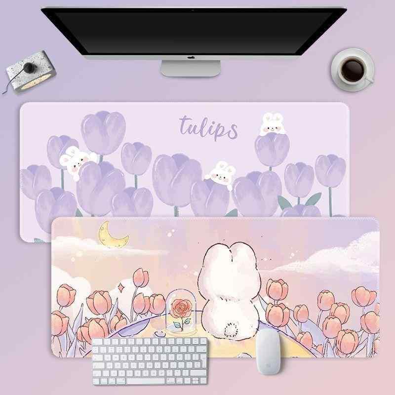 マウスパッド かわいい レディース ローズ バニー 特大サイズ デスクマット オフィス 学習用 滑り止め 天然ゴム 1000 500mm