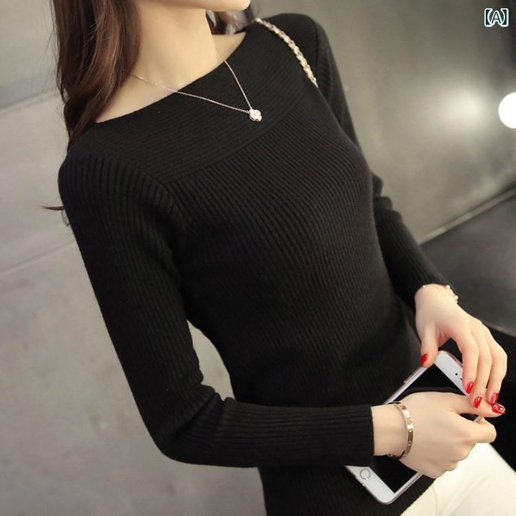 ニット レディース 秋冬 一字領 トップス プルオーバー 長袖 ポリエステル 無地 スリムフィット ブラッ..